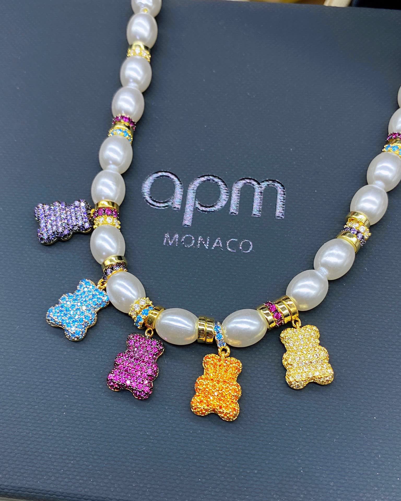 APM Monaco Pearl and Crystal Bear Charm Necklace
